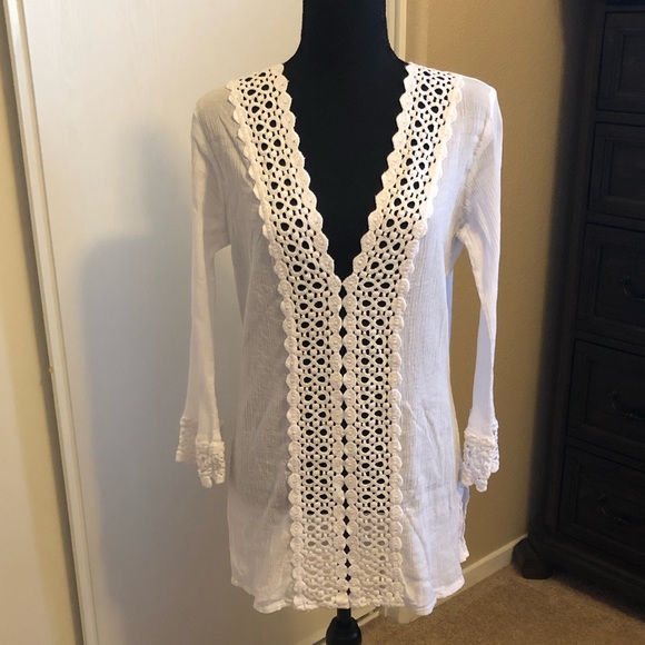 Crochet Trimmed Beach Cover Up Tunic - Picture 2 of 12